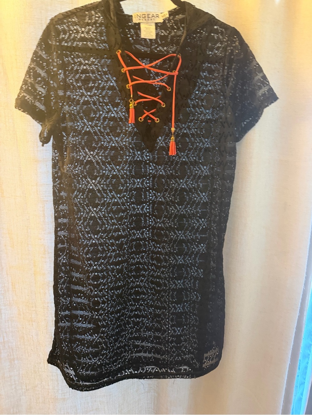 INGEAR Resort Black Lace Short-Sleeve Tunic with Orange Drawstring